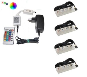 Zestaw LED RGB 4 x klips PCV do szklanych półek pilot     