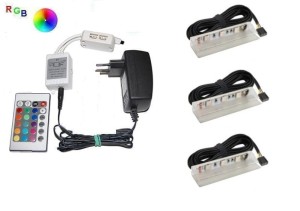 Zestaw LED RGB 3 x klips PCV do szklanych półek pilot     