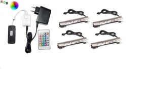 Zestaw LED RGB 4 x klips LEO do szklanych półek pilot     