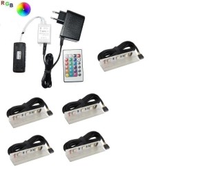 Zestaw LED RGB 5 x klips PCV do szklanych półek pilot      