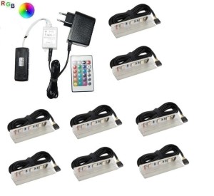 Zestaw LED RGB 8 x klips PCV do szklanych półek pilot       