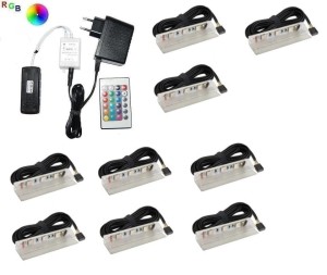 Zestaw LED RGB 9 x klips PCV do szklanych półek pilot       